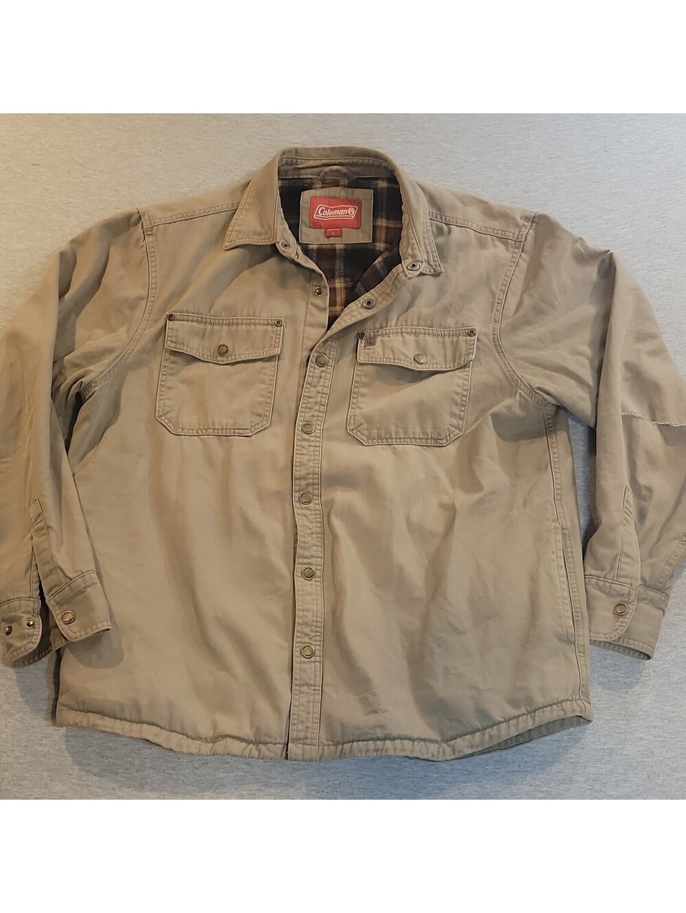 Farm fresh Coleman Men's Beige Snap Front Lined Work Jacket Pockets Logo Size L